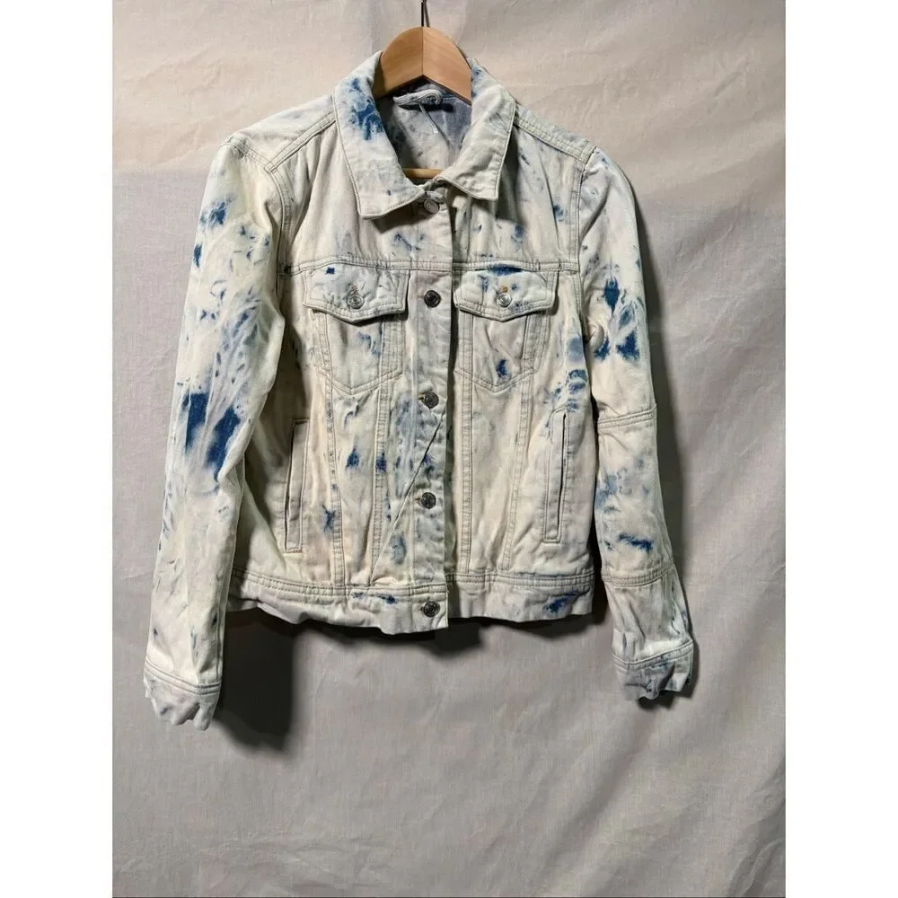 Free People Bleach Wash Denim Jacket Blue White Tie Dye Trucker Jacket Medium